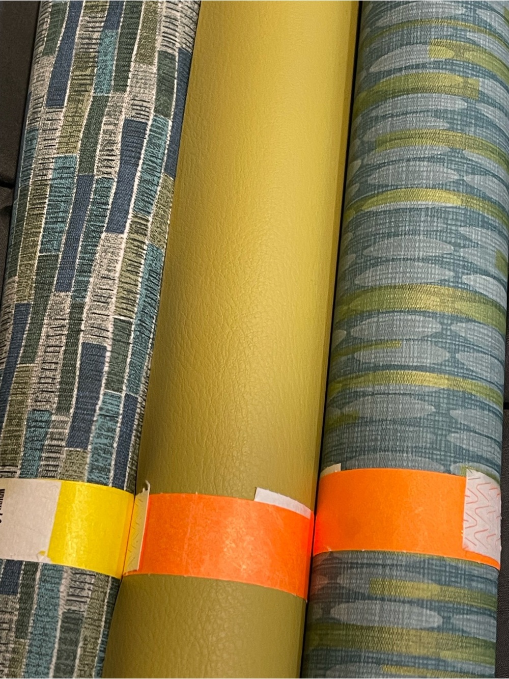 4.5 yards in a Set of Three Decorative Vinyl Rolls in Olive, Teal, and Chartreus